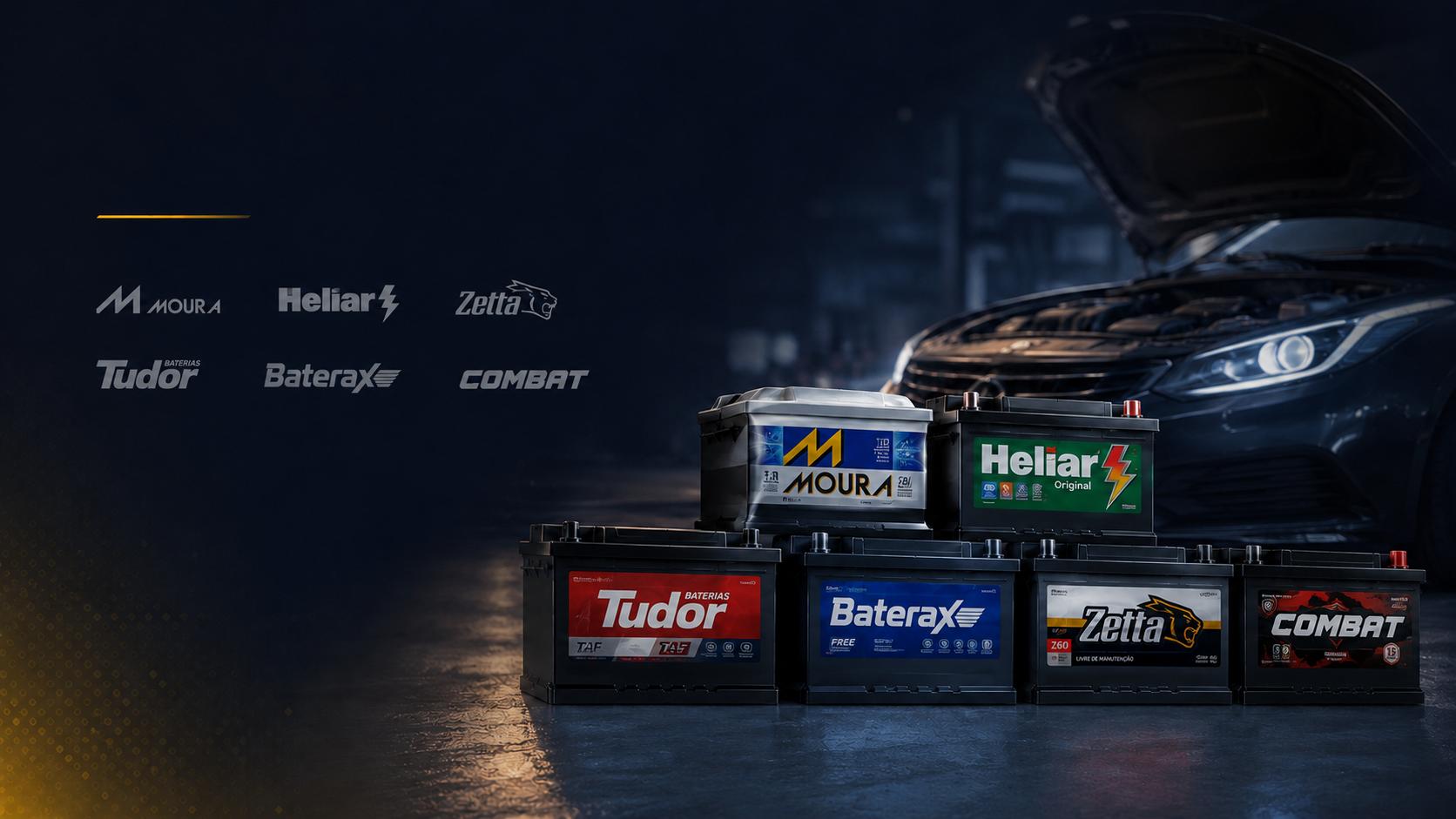 Composição profissional de baterias automotivas das marcas heliar, moura, Tudor, Baterax, Zetta e Combat empilhadas em destaque, ao fundo um carro com capô aberto em ambiente escuro azul-marinho dramático, logos das marcas exibidos à esquerda, iluminação cinematográfica com reflexos dourados no chão, render publicitário de alto impacto